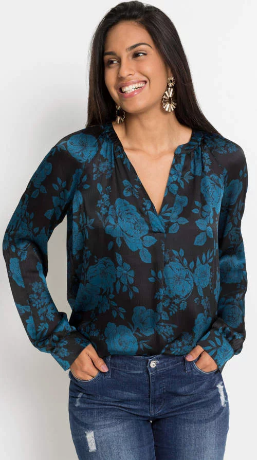 Crna ženska bluza Bonprix s printom plavog cvijeća