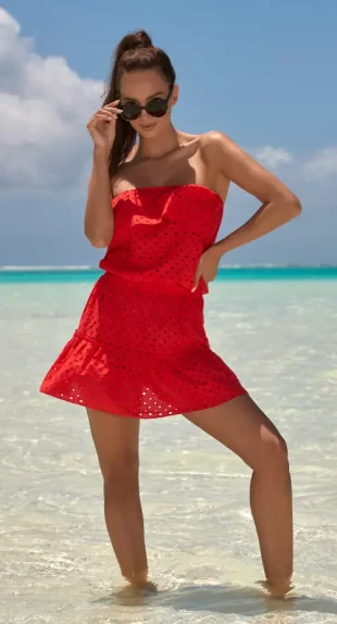 Crvena perforirana tunika za plažu za kupaće kostime